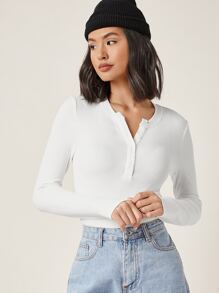 SHEIN BASICS Camiseta tejida de canalé tapeta media con botón - Blanco - Ver 3