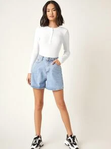 SHEIN BASICS Camiseta tejida de canalé tapeta media con botón - Blanco - Ver 4