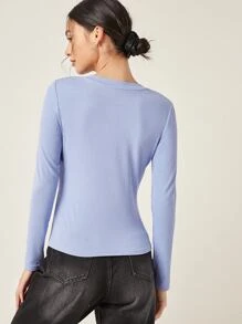SHEIN BASICS 紐扣半開襟羅紋針織T恤 - 紫色 - 查看 2