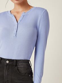 SHEIN BASICS 紐扣半開襟羅紋針織T恤 - 紫色 - 查看 4
