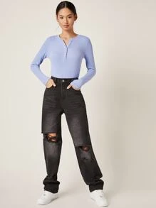 SHEIN BASICS 紐扣半開襟羅紋針織T恤 - 紫色 - 查看 5