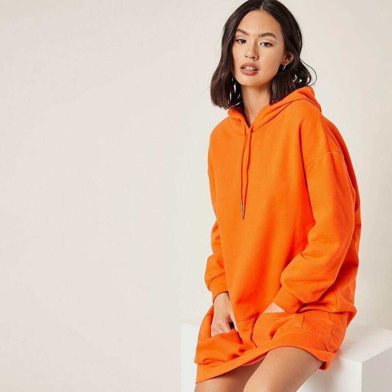 

Neon Orange Drop Shoulder Drawstring Hooded Sweatshirt Dress, Orange neon