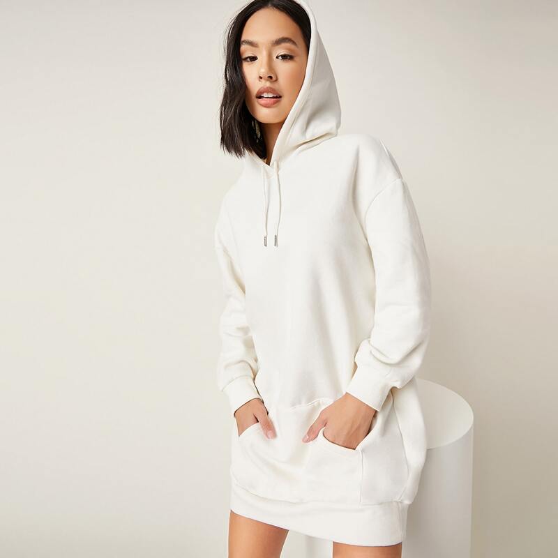 

Drop Shoulder Drawstring Hooded Sweatshirt Dress, White