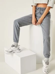 SHEIN BASICS Cotton Drawstring Waist Solid Joggers - Grey - View 1