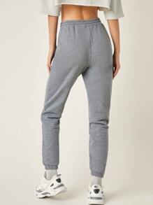 SHEIN BASICS Cotton Drawstring Waist Solid Joggers - Grey - View 2