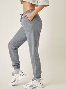 SHEIN BASICS Cotton Drawstring Waist Solid Joggers - Grey - View 3