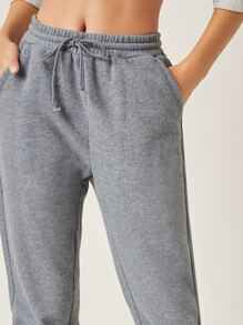 SHEIN BASICS Cotton Drawstring Waist Solid Joggers - Grey - View 4