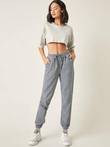 SHEIN BASICS Cotton Drawstring Waist Solid Joggers - Grey - View 5