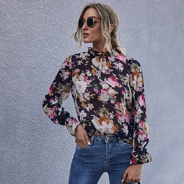 

Floral Frill Neck Flounce Sleeve Chiffon Blouse, Multicolor