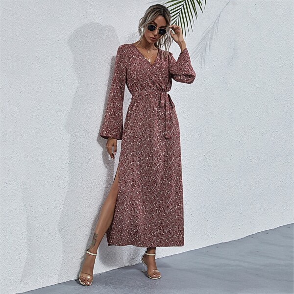 

Ditsy Floral Print Slit Hem A-line Dress, Redwood