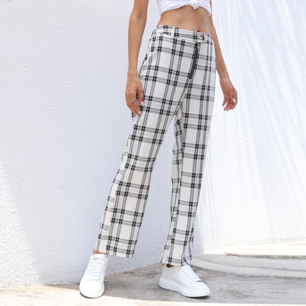 

Plaid Zipper Fly Straight Leg Pants, White