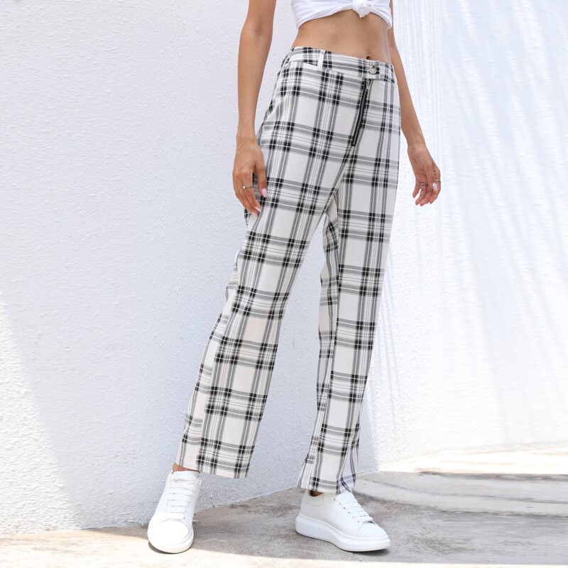 

Plaid Zipper Fly Straight Leg Pants, White