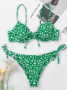 SHEIN Swim 夏季海灘達爾馬提亞鋼托側繫帶比基尼套裝 - 綠色 - 查看 3