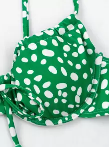 SHEIN Swim 夏季海灘達爾馬提亞鋼托側繫帶比基尼套裝 - 綠色 - 查看 5