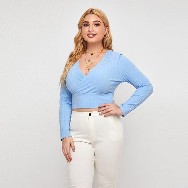 

Plus Surplice Neck Ribbed Crop Top, Baby blue