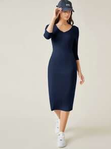 SHEIN BASICS Cotton V Neck Split Back Bodycon Dress - Navy Blue - View 1