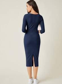 SHEIN BASICS Cotton V Neck Split Back Bodycon Dress - Navy Blue - View 2