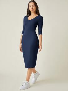 SHEIN BASICS Cotton V Neck Split Back Bodycon Dress - Navy Blue - View 3