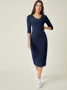 SHEIN BASICS Cotton V Neck Split Back Bodycon Dress - Navy Blue - View 4