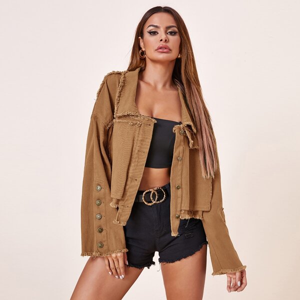 

Frayed Edge Buttoned Cuff Denim Jacket, Camel