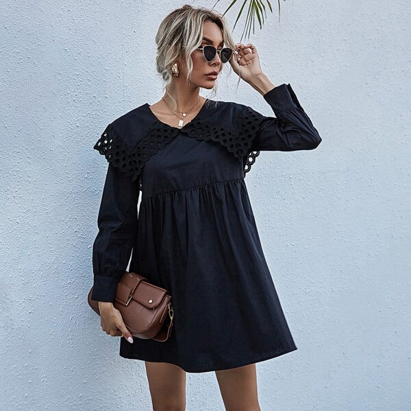 

Eyelet Embroidery Sailor Collar Smock Dress, Navy blue