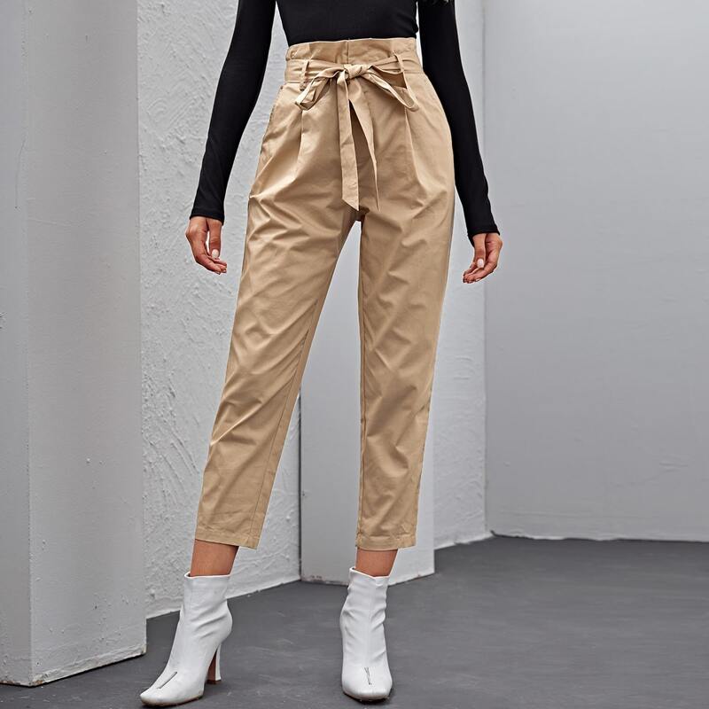 

Paperbag Waist Fold Pleated Detail Pants, Khaki