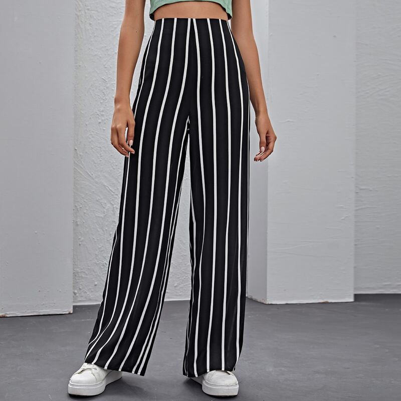

Vertical Striped Wide Leg Pants, Black
