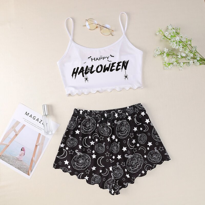 

Lettuce Trim Halloween Print Pajama Set, Black and white