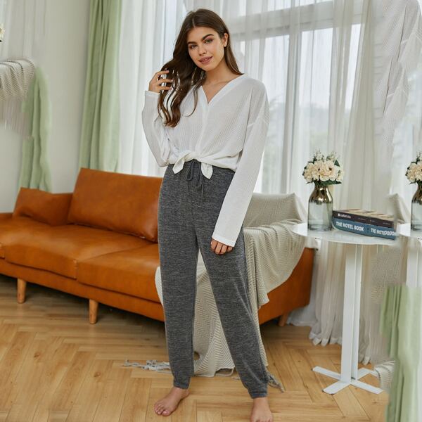 

Waffle Knit Button Front Tee & Pants Lounge Set, Multicolor