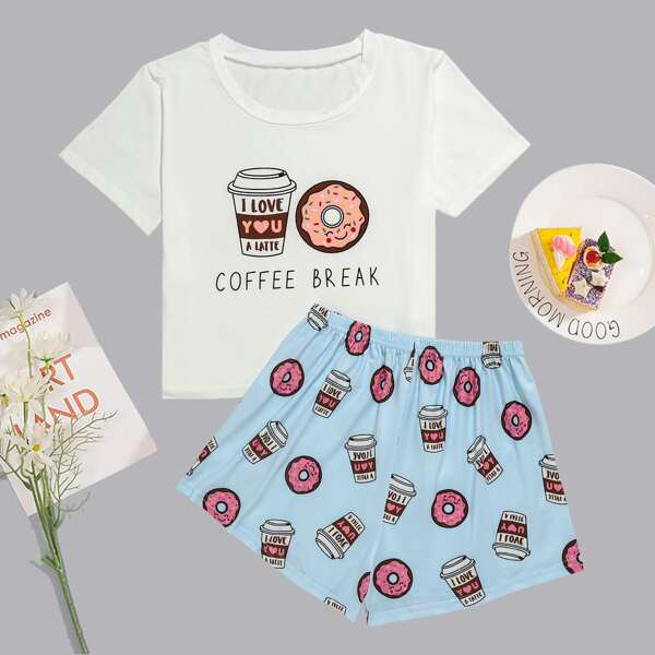

Donuts And Slogan Graphic Pajama Set, Multicolor