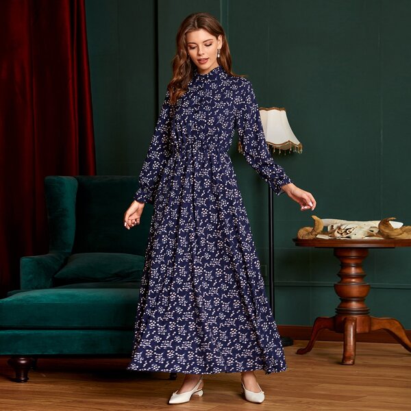 

Ditsy Floral Flounce Sleeve Maxi Dress, Navy blue
