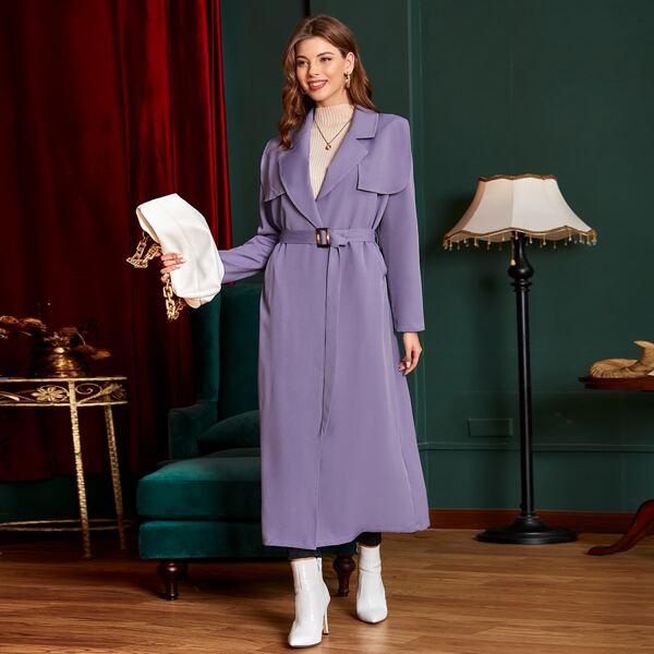 

Solid Lapel Neck Belted Trench Coat, Violet purple