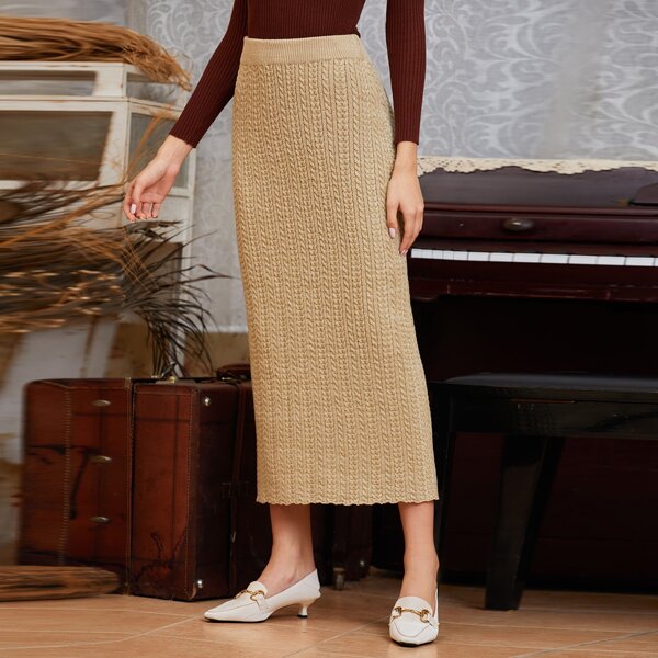 

Solid Lettuce Trim Cable Knit Skirt, Khaki