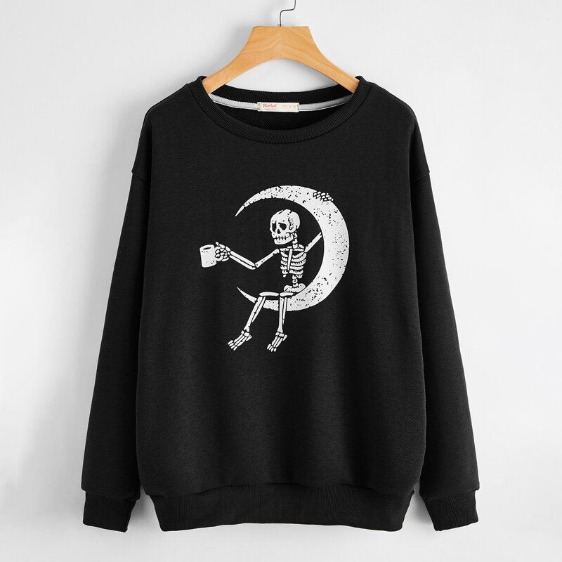 

Skeleton & Moon Print Graphic Sweatshirt, Black