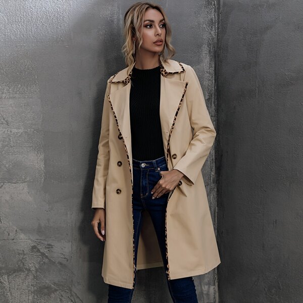 

Contrast Binding Double Breasted Trench Coat, Khaki