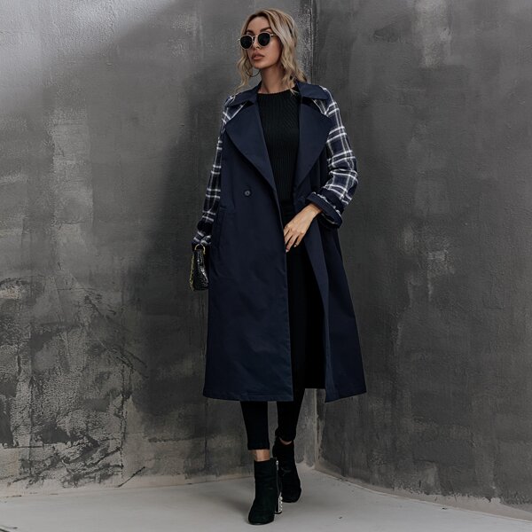 

Contrast Tartan Double Button Trench Coat, Navy blue