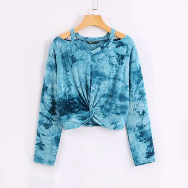 

Tie Dye Cut Out Twist Hem Tee, Blue