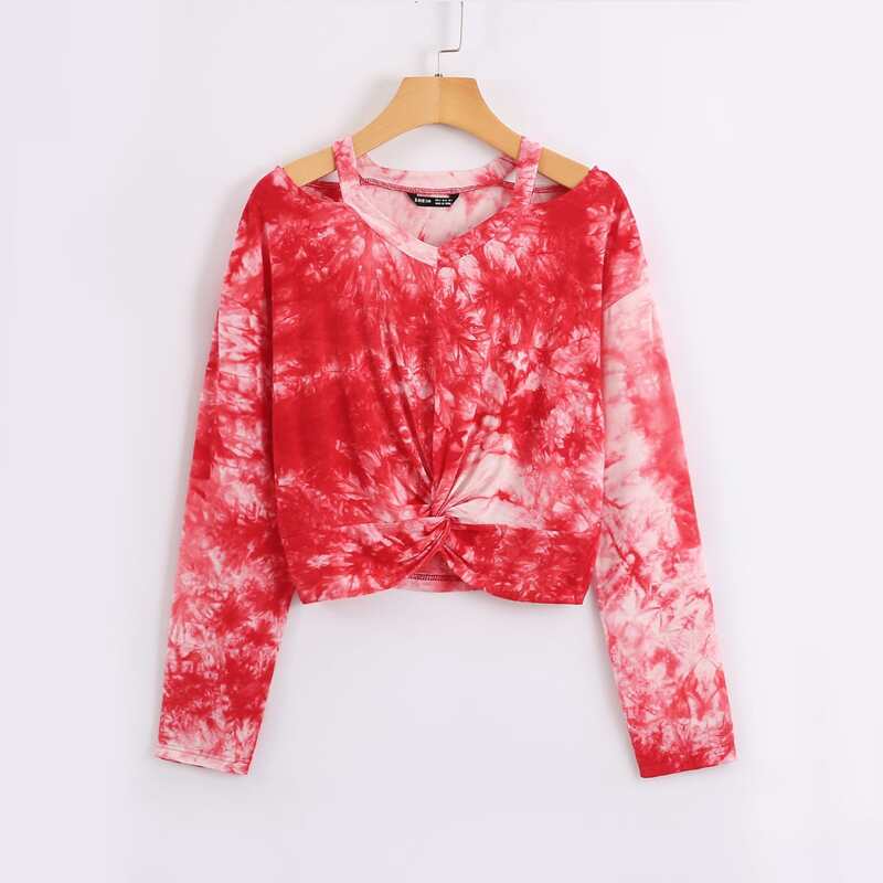 

Tie Dye Cut Out Twist Hem Tee, Red and white