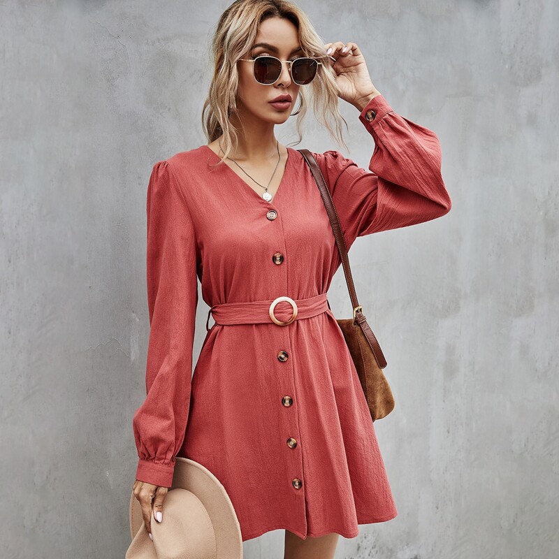 

Solid Button Up O-Ring Belted Dress, Rusty rose