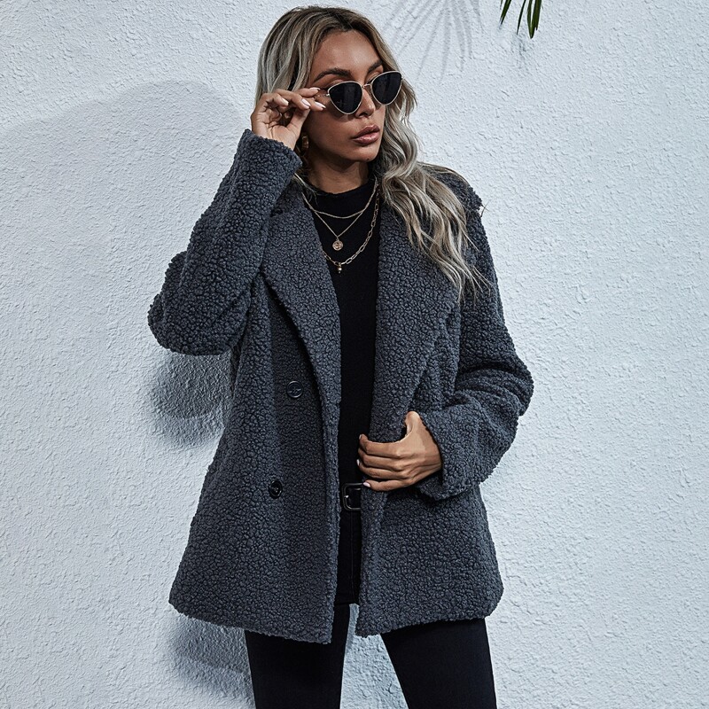 

Solid Double Button Slant Pocket Teddy Coat, Dark grey