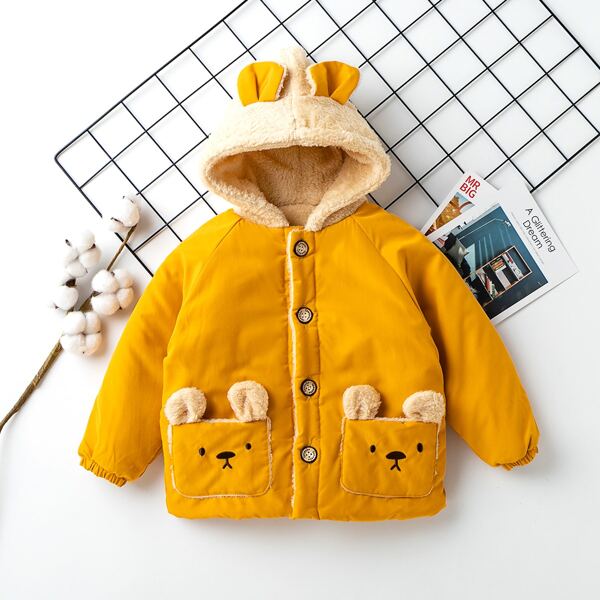 

Toddler Boys 3D Ears Design Sherpa Lined Hooded Jacket, Mustard yellow