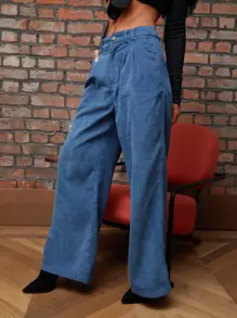 SHEIN Wide Leg Cord Trousers - Dusty Blue - View 1