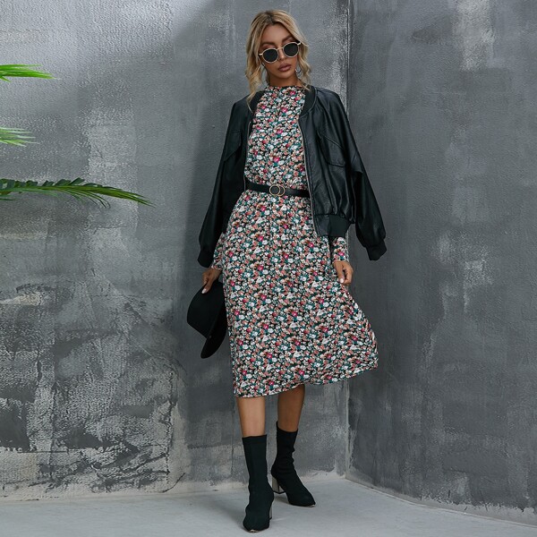 

Flower Print Mock Neck Dress, Multicolor