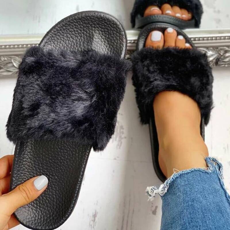 

Solid Fluffy Slippers, Black
