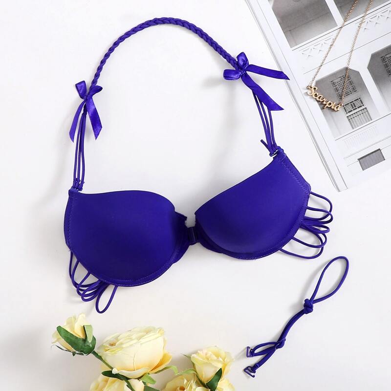 

1pc Braided Strap Halter Bra, Royal blue