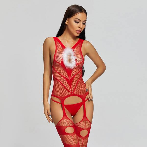 

Faux Fur Trim Fishnet Cut-out Costume Bodystocking & Thong, Red