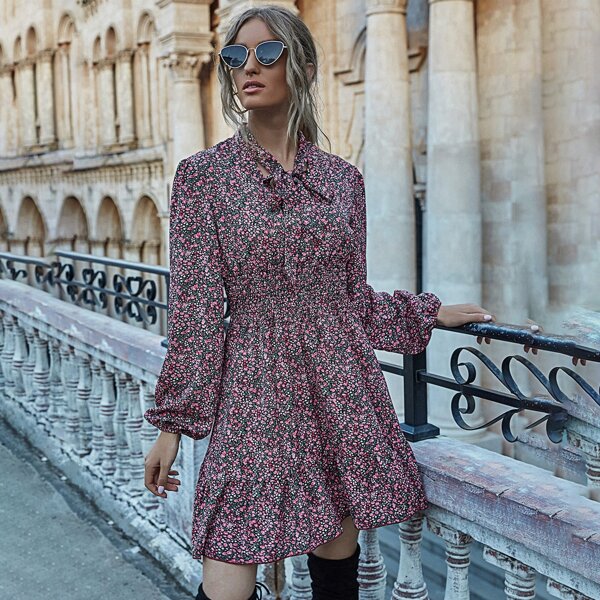 

Tie Neck Ditsy Floral Shirred Waist Dress, Multicolor