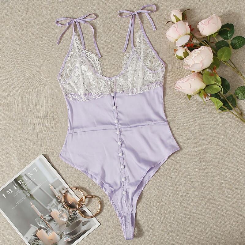 

Floral Lace Button Front Satin Teddy Bodysuit, Pastel lilac purple