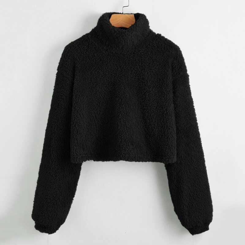 

Mock Neck Drop Shoulder Teddy Pullover, Black