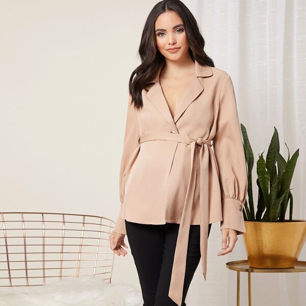 

Maternity Single Button Front Self Belted Coat, Apricot